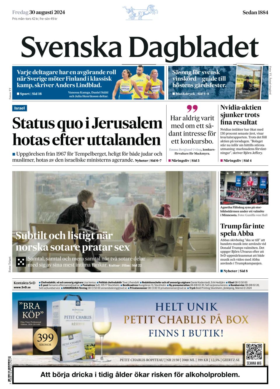 Prima-pagina-Svenska Dagbladet-edizione-di-oggi-20240830